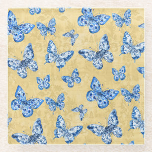  Chinoiserie Blue Butterflies Vervaagd Damask Glazen Onderzetter