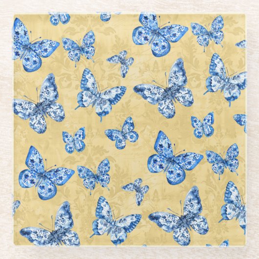  Chinoiserie Blue Butterflies Vervaagd Damask Glazen Onderzetter (Voorkant)