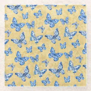 Chinoiserie Blue Butterflies Vervaagd Damask Glazen Onderzetter