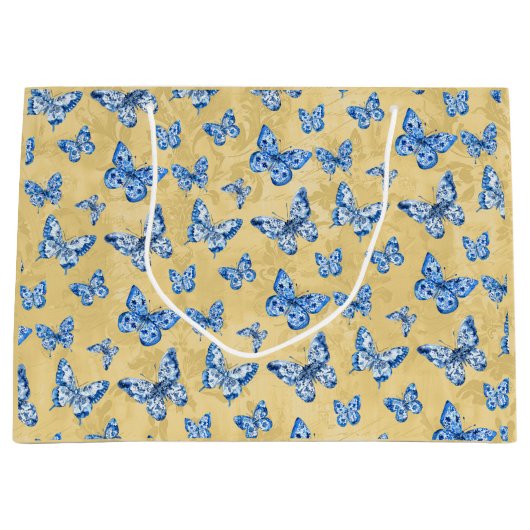  Chinoiserie Blue Butterflies Vervaagd Damask Groot Cadeauzakje (Voorkant)