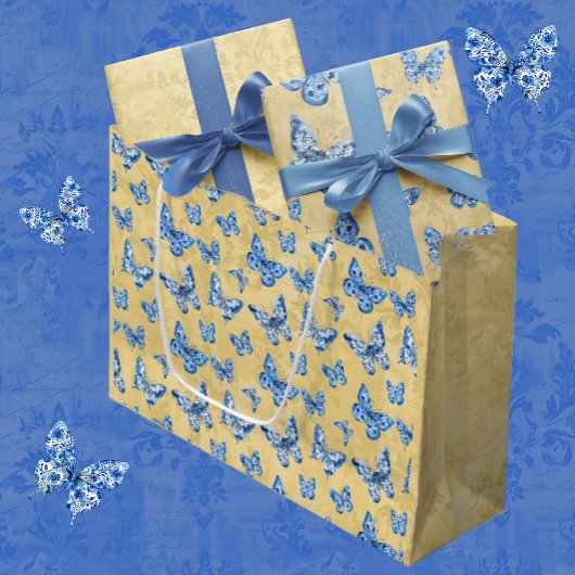 Chinoiserie Blue Butterflies Vervaagd Damask Groot Cadeauzakje