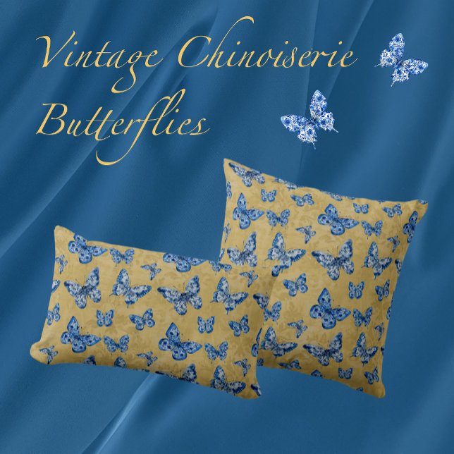  Chinoiserie Blue Butterflies Vervaagd Damask Kussen (Creator heeft geüpload)