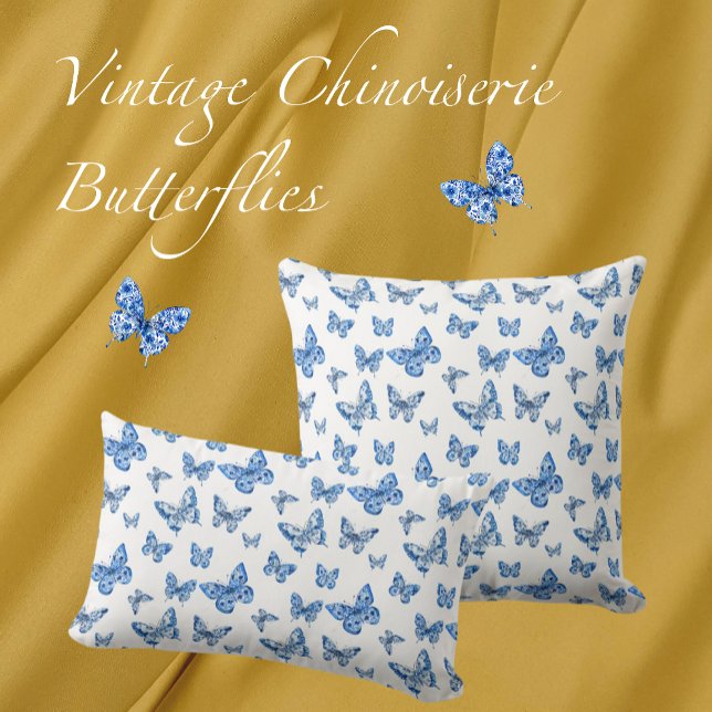  Chinoiserie Blue Butterflies Vervaagd Damask Kussen (Creator heeft geüpload)
