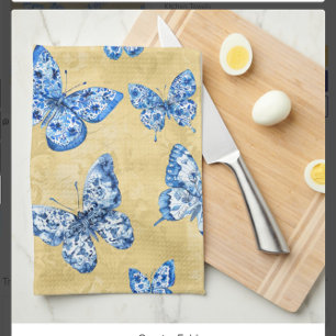  Chinoiserie Blue Butterflies Vervaagd Damask Theedoek