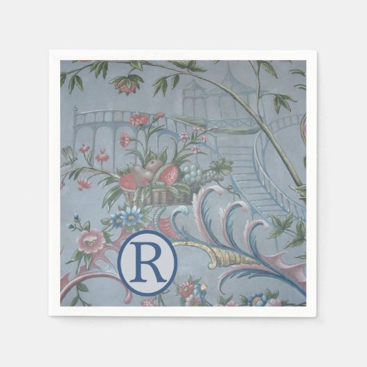 Chinoiserie Blue China Floral Monogram Tuin Roze Servet (Voorkant)