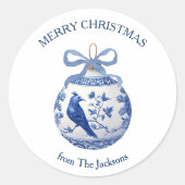 Chinoiserie Blue Christmas Ornament Ronde Sticker (Voorkant)