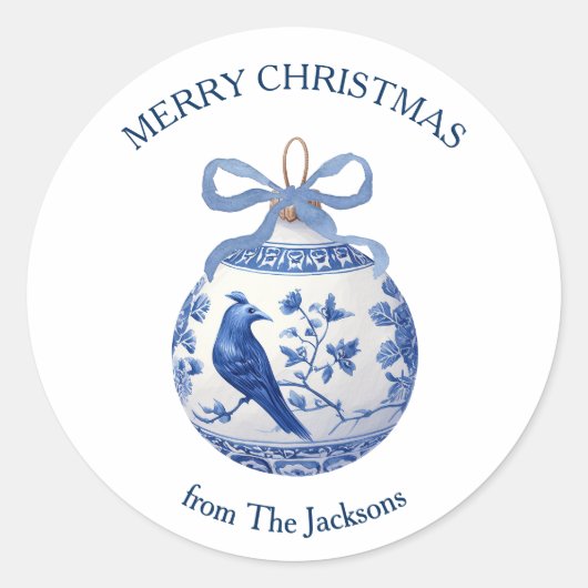 Chinoiserie Blue Christmas Ornament Ronde Sticker (Voorkant)