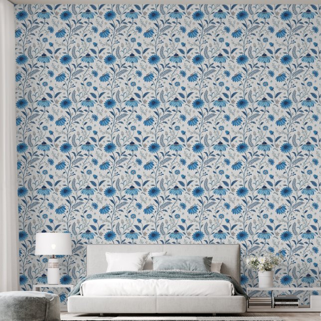 Chinoiserie Blue Echinacea Pattern Behang (Slaapkamer)