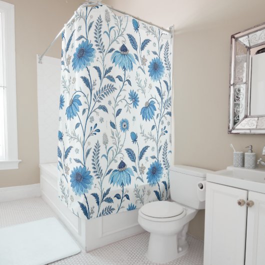 Chinoiserie Blue Echinacea Pattern Douchegordijn (In situ)