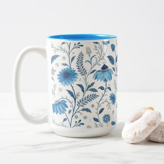 Chinoiserie Blue Echinacea Pattern Tweekleurige Koffiemok (Met donut)