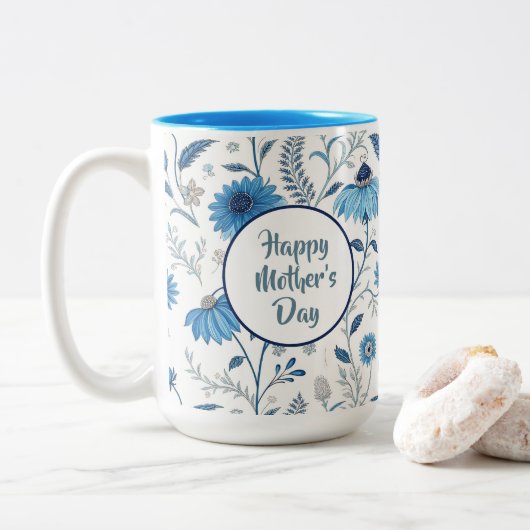 Chinoiserie Blue Echinacea Pattern Tweekleurige Koffiemok (Met donut)