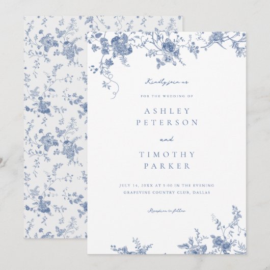 Chinoiserie Blue Elegante bruiloft uitnodiging (Voorkant / Achterkant)