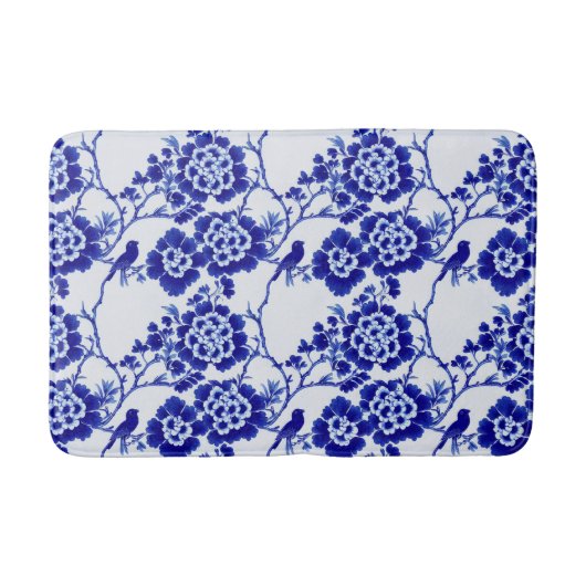 Chinoiserie Blue en White Bird Floral Hampton Badmat (Voorkant)