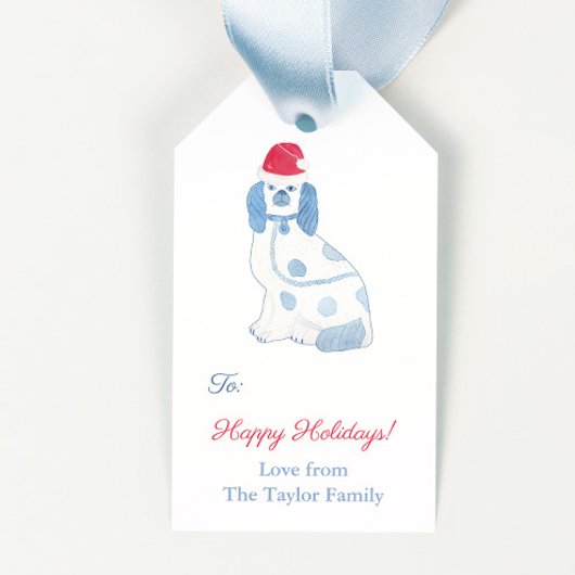 Chinoiserie Blue en White Dog Santa Hat Feestdagen Cadeaulabel
