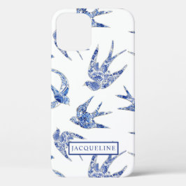 Chinoiserie Blue en White Swallows Birds w Name Case-Mate iPhone Case