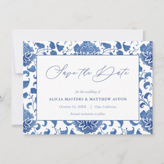Chinoiserie Blue en White Wedding Save the Date Aankondiging (Voorkant)