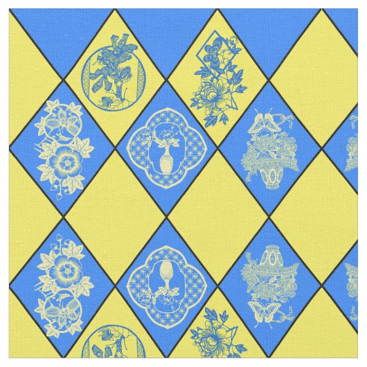 Chinoiserie Blue en Yellow Diamond Pattern Stof (Close Up)
