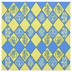 Chinoiserie Blue en Yellow Diamond Pattern Stof