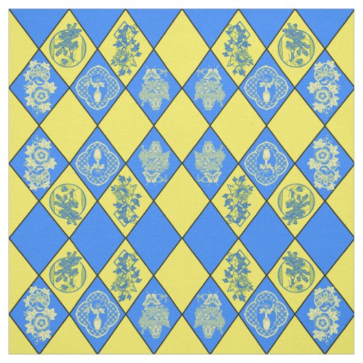 Chinoiserie Blue en Yellow Diamond Pattern Stof (Swatch)