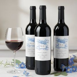 Chinoiserie Blue Floral Classic Wedding Monogram Wijn Etiket