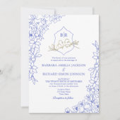 Chinoiserie Blue Floral Crest Wedding Kaart (Voorkant)
