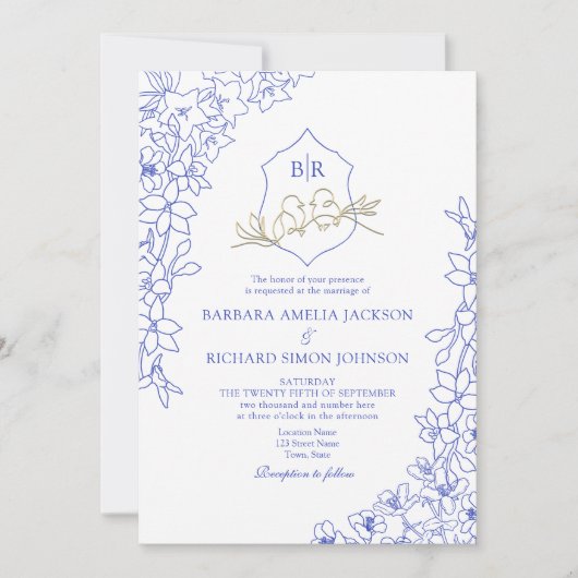 Chinoiserie Blue Floral Crest Wedding Kaart (Voorkant)