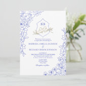 Chinoiserie Blue Floral Crest Wedding Kaart (Staand voorkant)