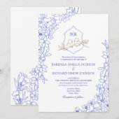 Chinoiserie Blue Floral Crest Wedding Kaart (Voorkant / Achterkant)