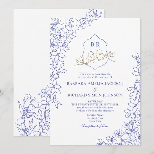 Chinoiserie Blue Floral Crest Wedding Kaart (Voorkant / Achterkant)