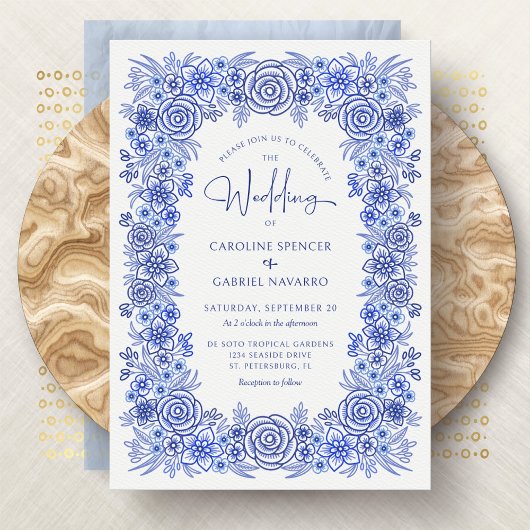 Chinoiserie Blue Floral Franse bruiloft Kaart