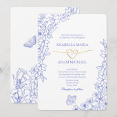 Chinoiserie Blue Floral Gold Heart Wedding Kaart (Voorkant / Achterkant)