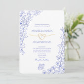 Chinoiserie Blue Floral Gold Heart Wedding Kaart (Staand voorkant)