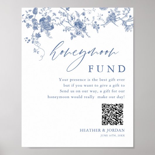 Chinoiserie Blue Floral Wedding Honeymoon Fund Poster (Voorkant)