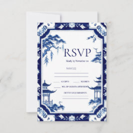 Chinoiserie Blue Floral Wedding RSVP Kaarten
