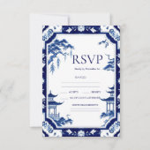 Chinoiserie Blue Floral Wedding RSVP Kaarten Kaartje (Voorkant)
