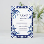 Chinoiserie Blue Floral Wedding RSVP Kaarten Kaartje (Staand voorkant)