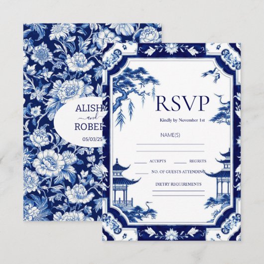 Chinoiserie Blue Floral Wedding RSVP Kaarten Kaartje (Voorkant / Achterkant)