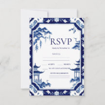 Chinoiserie Blue Floral Wedding RSVP Kaarten