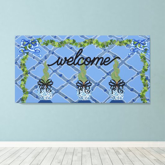 Chinoiserie Blue Ginger Jars Topiary Canvas Afdruk (Insitu (Houten vloer))