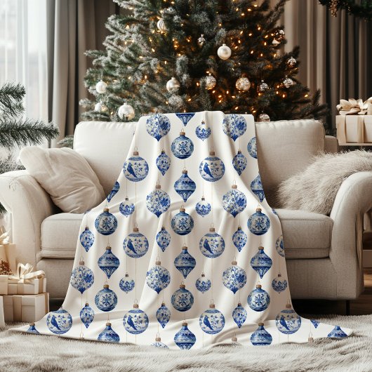Chinoiserie Blue Ornament Christmas  Fleece Deken