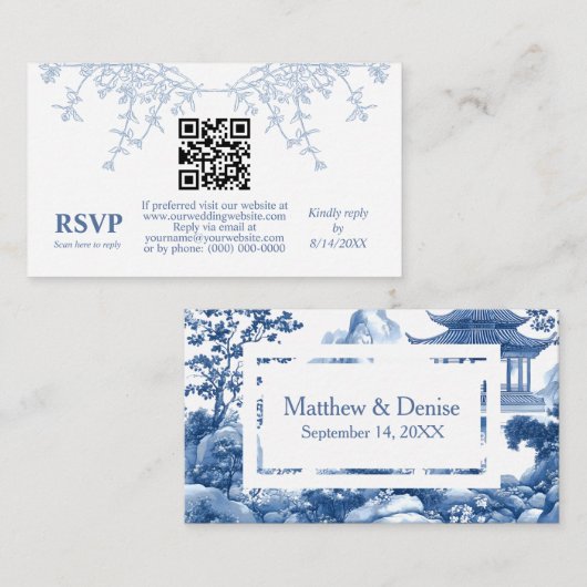 Chinoiserie Blue Toile Elegante Pagoda bruiloft RS Informatiekaartje (Voorkant / Achterkant)