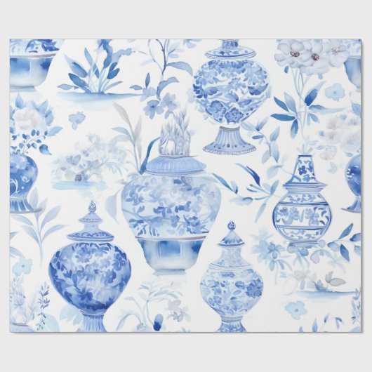 Chinoiserie Blue Vase Wrapping Paper Cadeaupapier (Vlak)