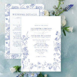 Chinoiserie Blue Victorian Floral Details Wedding Kaart