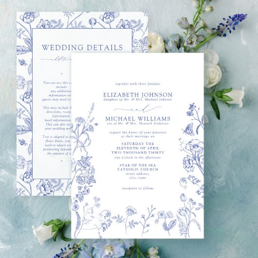 Chinoiserie Blue Victorian Floral Details Wedding Kaart