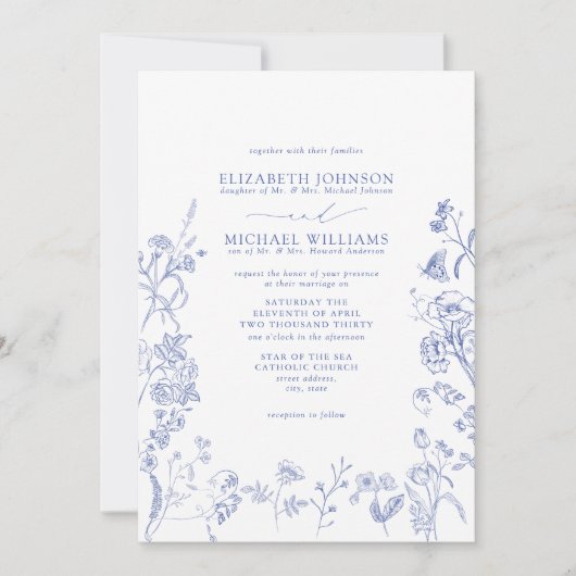 Chinoiserie Blue Victorian Floral Details Wedding Kaart (Voorkant)
