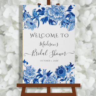 Chinoiserie Blue White Foliage Welcome Bridal Faux Imitatie Canvas Print