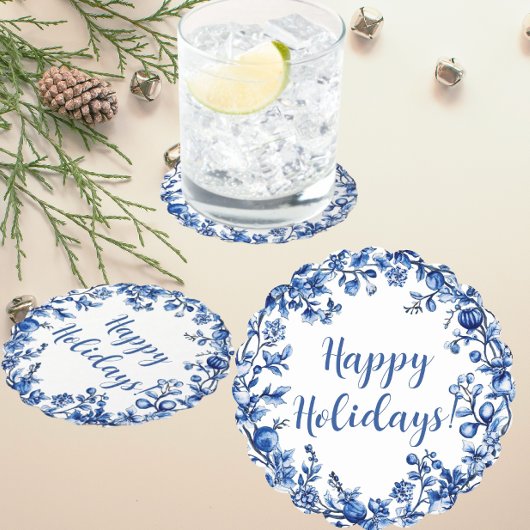 Chinoiserie Blue White Holly Leaf Personalized Kartonnen Onderzetters