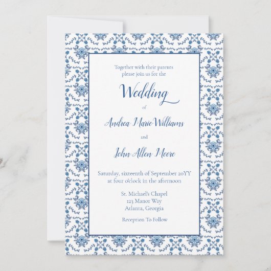 Chinoiserie Blue White Pattern Wedding Kaart (Voorkant)