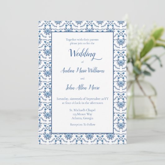 Chinoiserie Blue White Pattern Wedding Kaart (Staand voorkant)