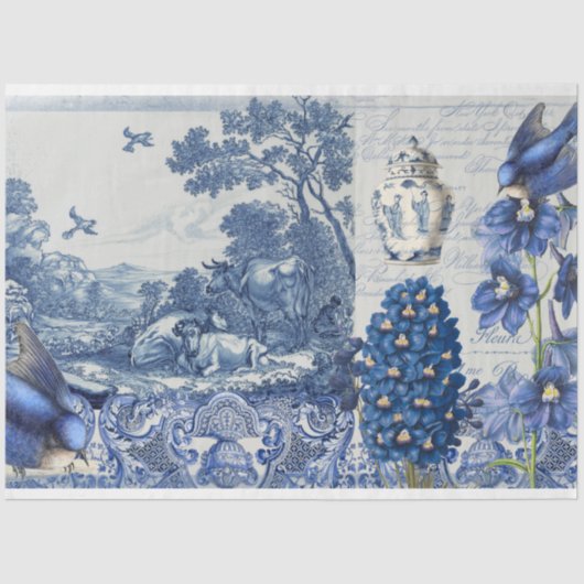 Chinoiserie Blue White Toile Floral Script Collage Tissuepapier (Voorkant)